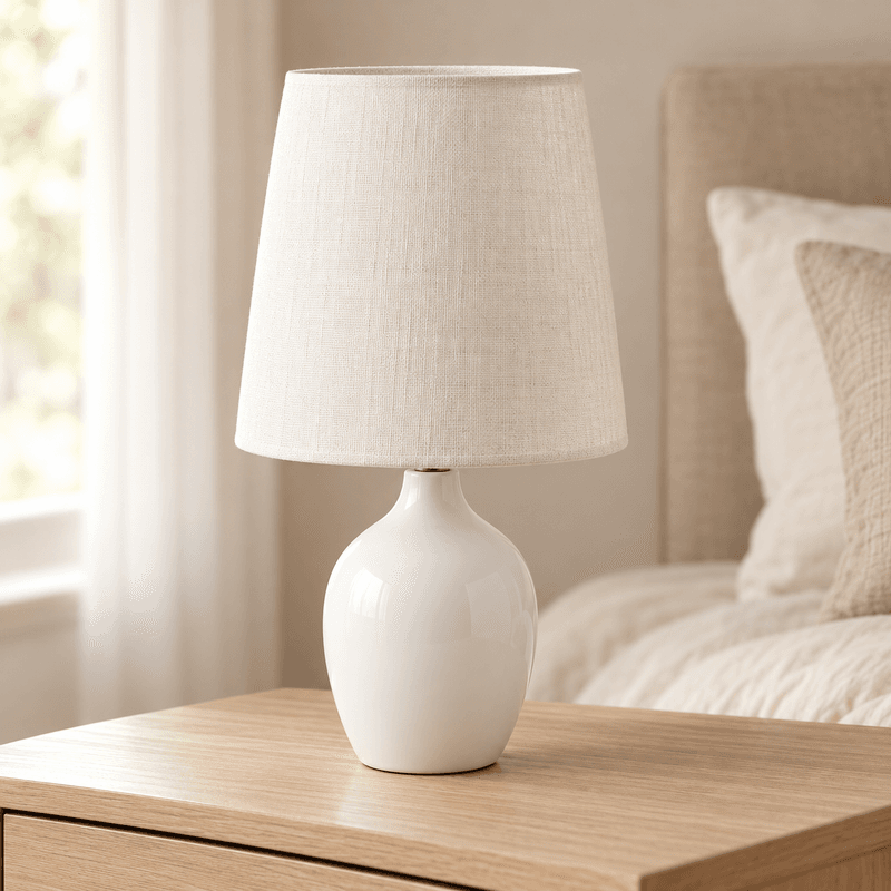 NEST - Lampe de Chevet avec Abat-Jour en Tissu et Pied Effet Céramique - Blanc & Écru 2
