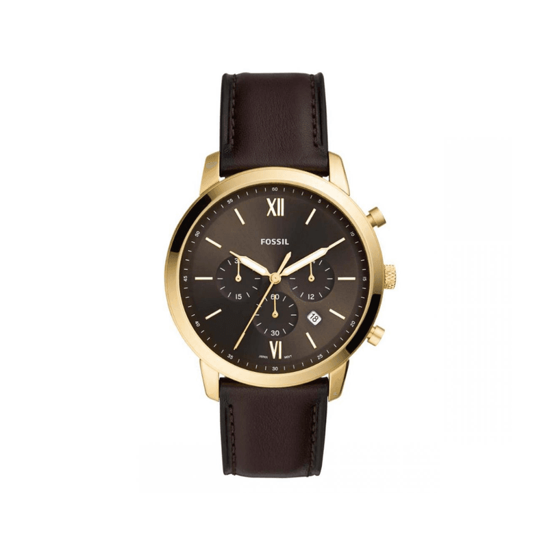 Fossil - Montre Homme En Acier Inoxydable Doré Et Cuir Marron Foncé FS5763