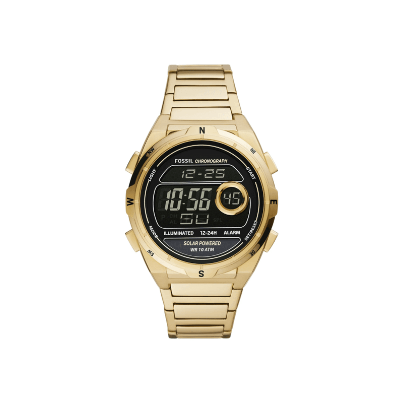 Fossil - Montre Numérique Everett À Énergie Solaire Homme En Acier Inoxydable Doré FS5862