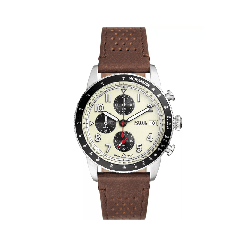 Fossil - Montre Homme En Cuir Marron, Boîtier Argenté FS6042