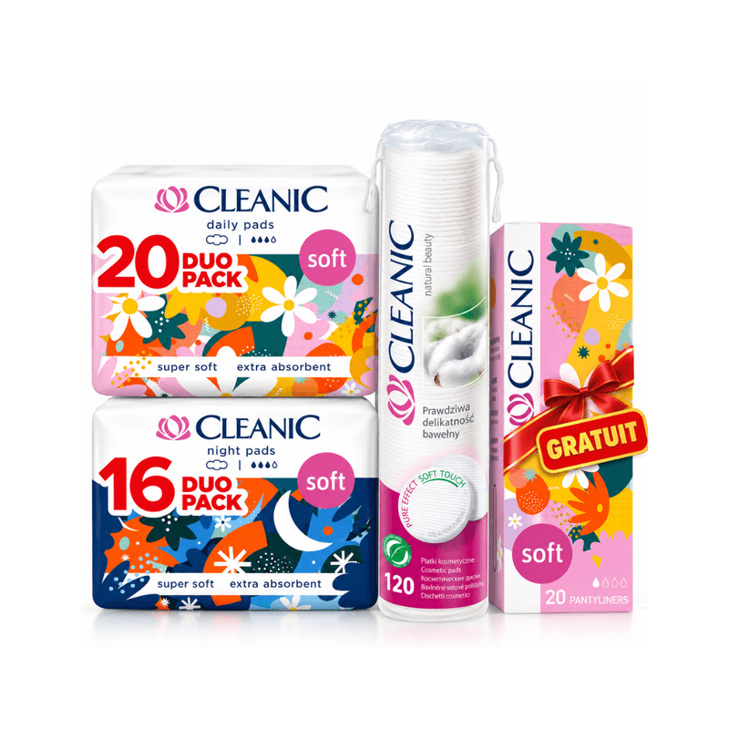 Cleanic - Pack Hygiène Féminine Soft Serviettes Jour & Nuit + Disques De Coton + Protège-Slips Gratuits - 4 Produits