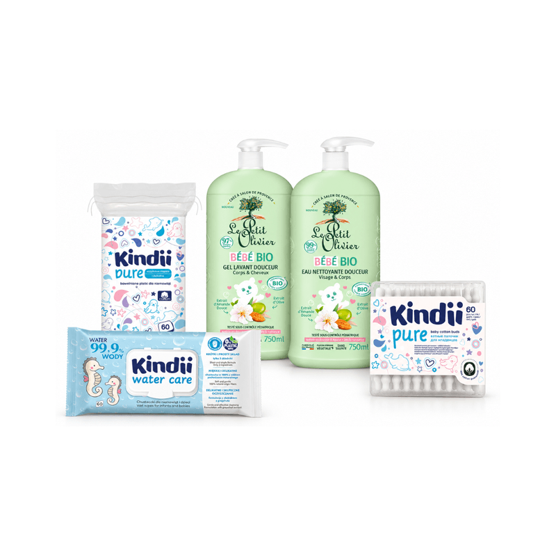 Le Petit Olivier & Kindii - Pack Bébé Bio Gel Lavant 750 Ml + Eau Nettoyante 750 Ml + Accessoires D'Hygiène - 5 Produits