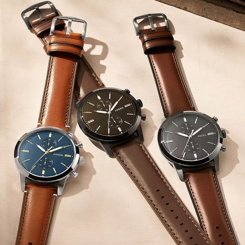 Fossil - Montre Homme Townsman En Cuir Marron Cadron Bleu FS5279 8