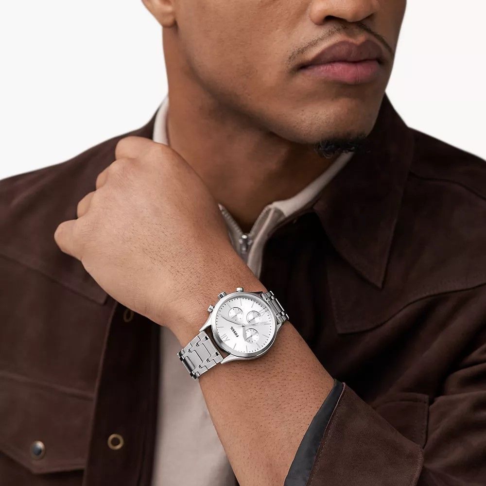 Fossil - Montre Fenmore Multifonction Homme Bracelet Acier Argenté Cadran Blanc 2