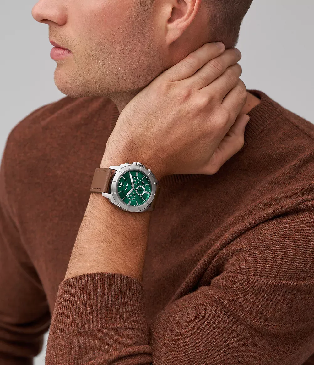 Fossil - Montre Homme Privateer Chronograph Cadron Vert En Cuir Marron BQ2821 4