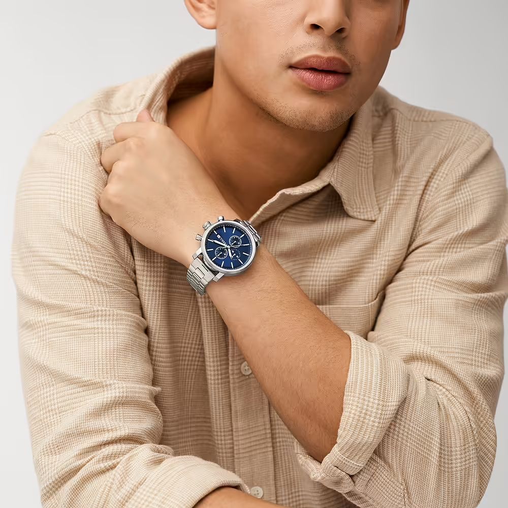 Fossil - Montre Rhett Multifonction Homme Bracelet Acier Argenté Cadran Bleu 2