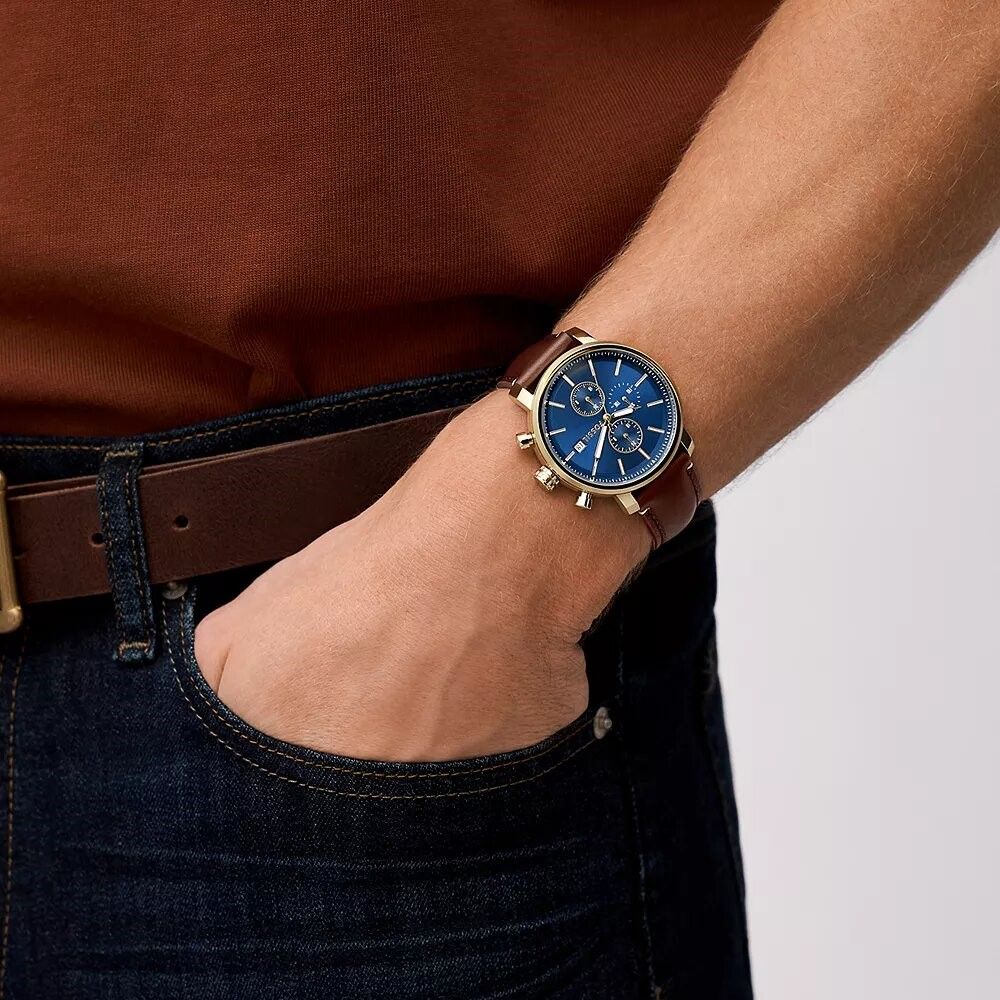 Fossil - Montre Rhett Multifonction Homme Bracelet Cuir Marron Cadran Bleu 2