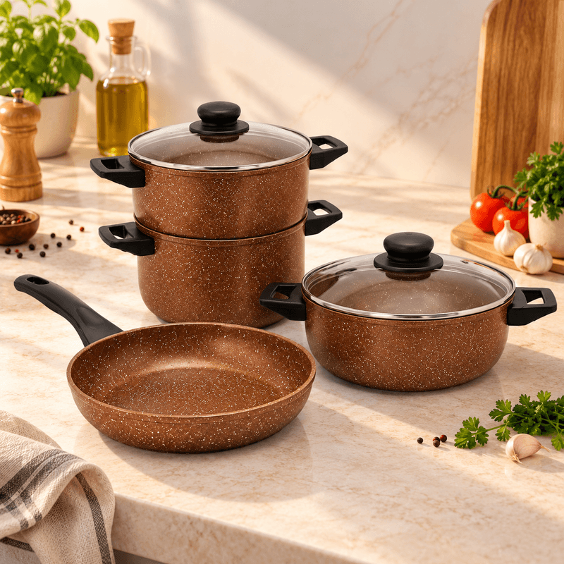 EL GUSTO BY Cook'Art - Pack 6 Pièces : Couscoussier 6L + Faitout 24cm + Poêle 28cm - Marron