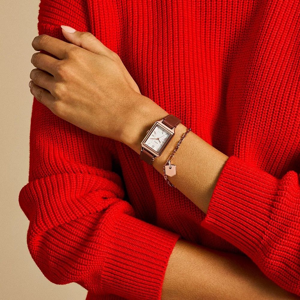 Fossil - Coffret Montre Raquel Femme Bracelet Cuir Marron Cadran Blanc 2