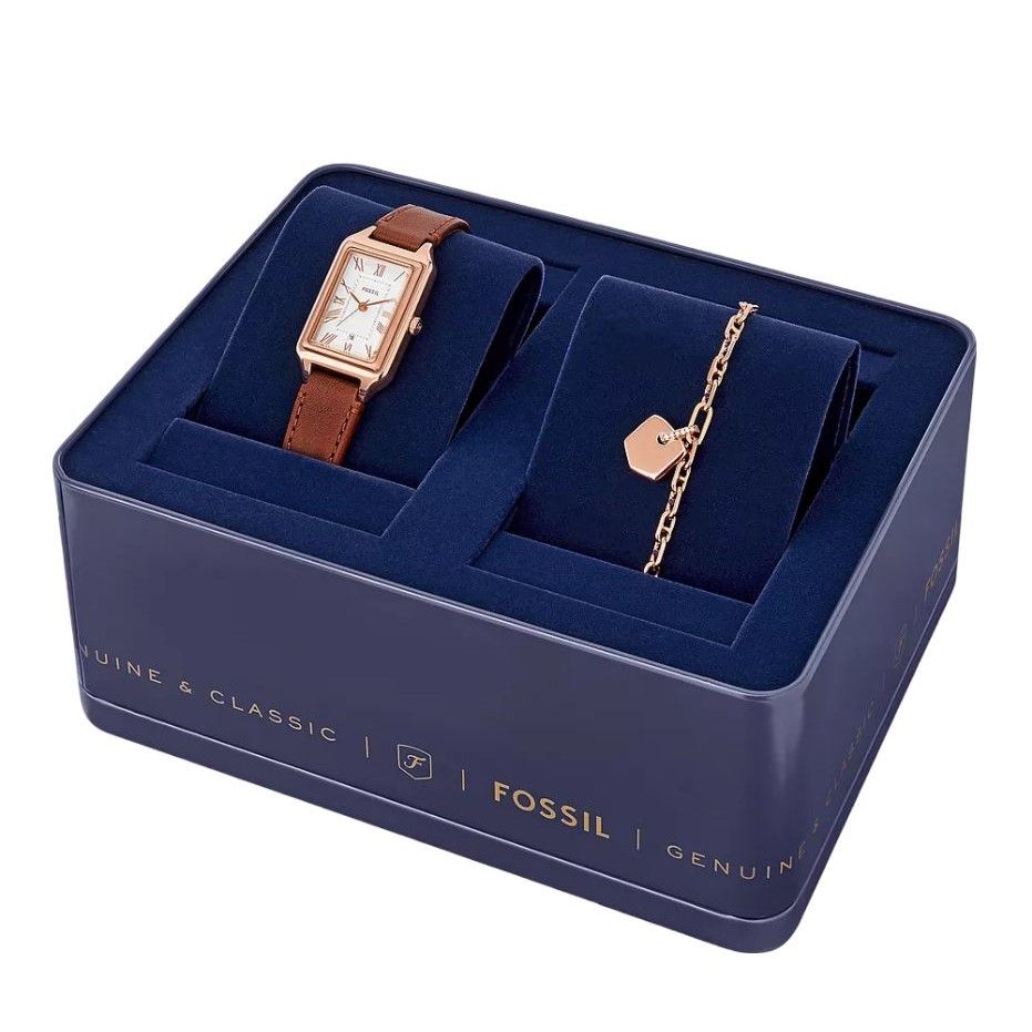 Fossil - Coffret Montre Raquel Femme Bracelet Cuir Marron Cadran Blanc 5