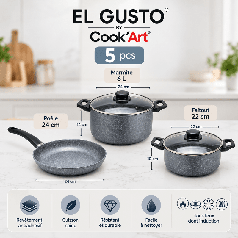 EL GUSTO BY Cook'Art - 5 pcs: Marmite 6L+Faitout 22cm+Poele 24cm Gris Azzuro