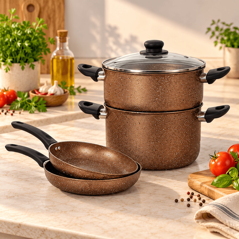 EL GUSTO BY Cook'Art - Pack 5pcs : Couscoussier 6L + Poêle 28cm + Poêle 24cm - Brown