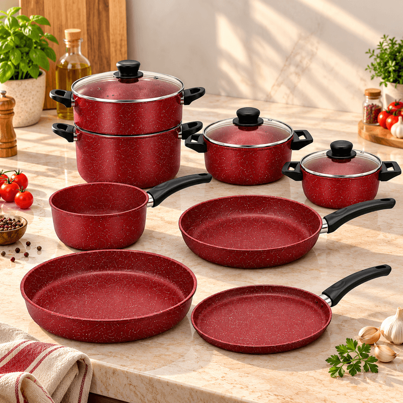 EL GUSTO BY Cook'Art - BATTERIE DE CUISINE 11 pieces : Revetement Granite - Rouge