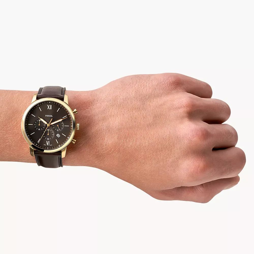 Fossil - Montre Homme En Acier Inoxydable Doré Et Cuir Marron Foncé FS5763 4