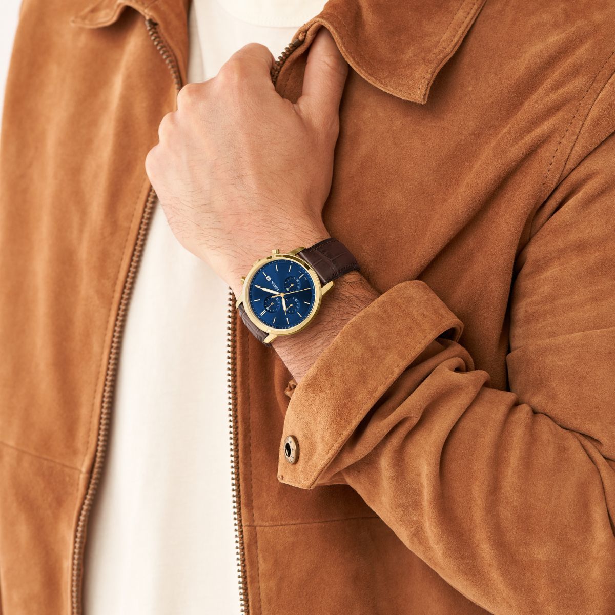 Fossil - Montre Chronographe Homme Bracelet Cuir Marron Cadran Bleu 2