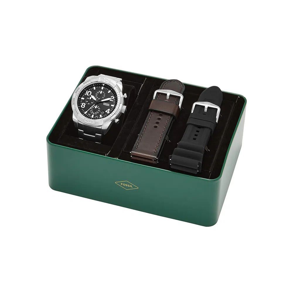 Fossil - Coffret Montre Bronson Chronographe Homme Bracelet Acier Argenté Cadran Noir 2