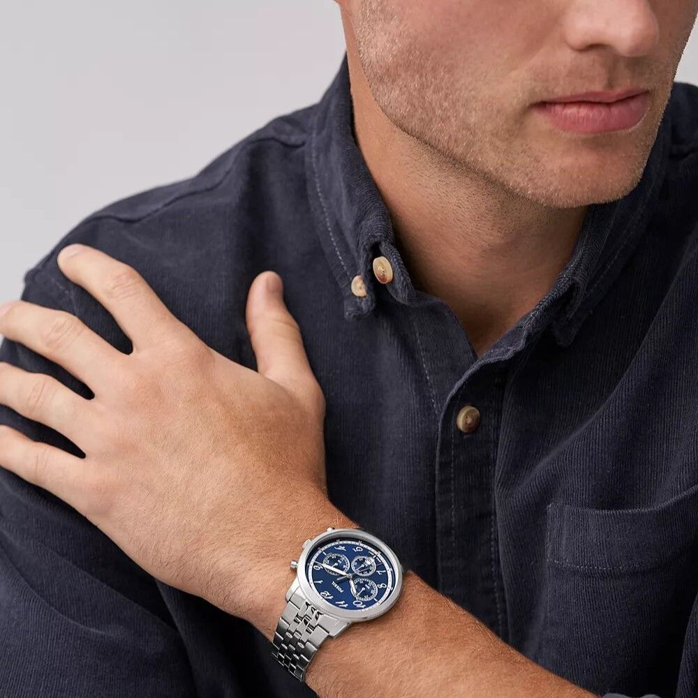 Fossil - Montre Neutra Chronographe Homme Bracelet Acier Argenté Cadran Bleu 2