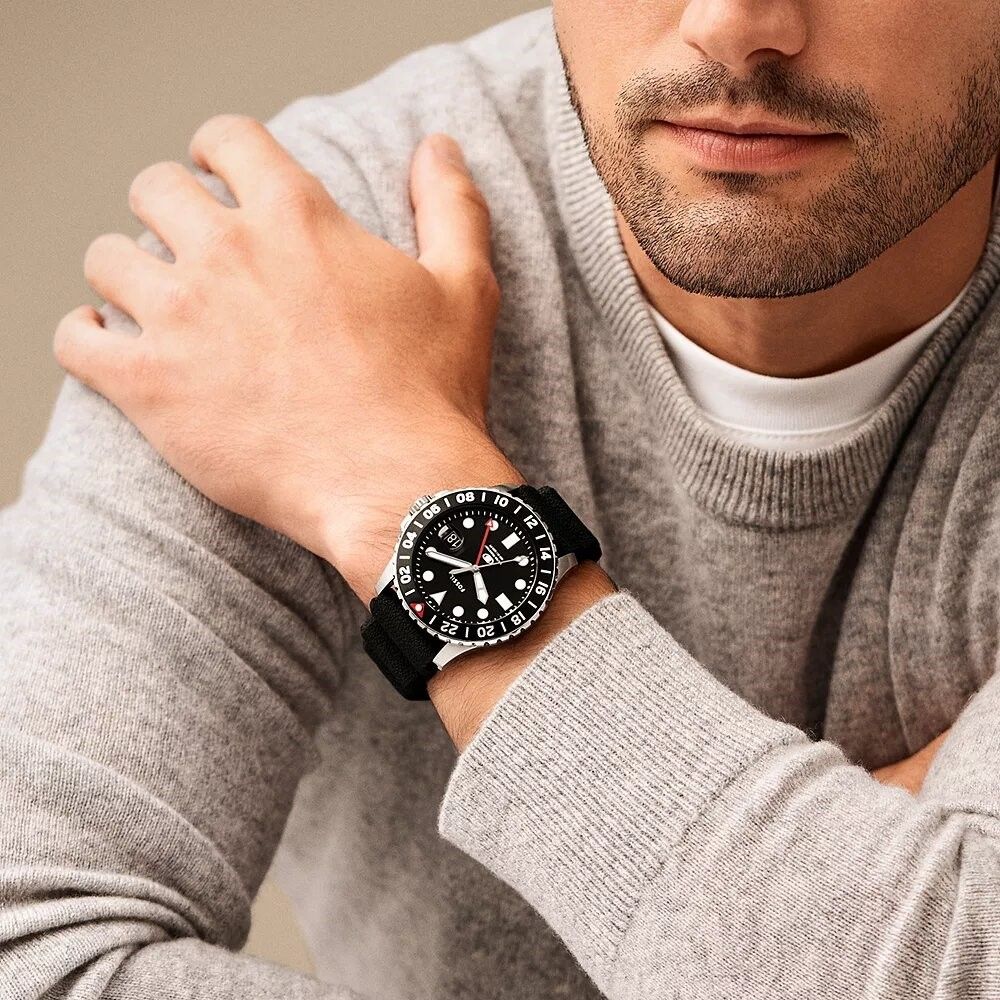Fossil - Montre Blue Gmt Homme Bracelet Silicone Noir Cadran Noir 2