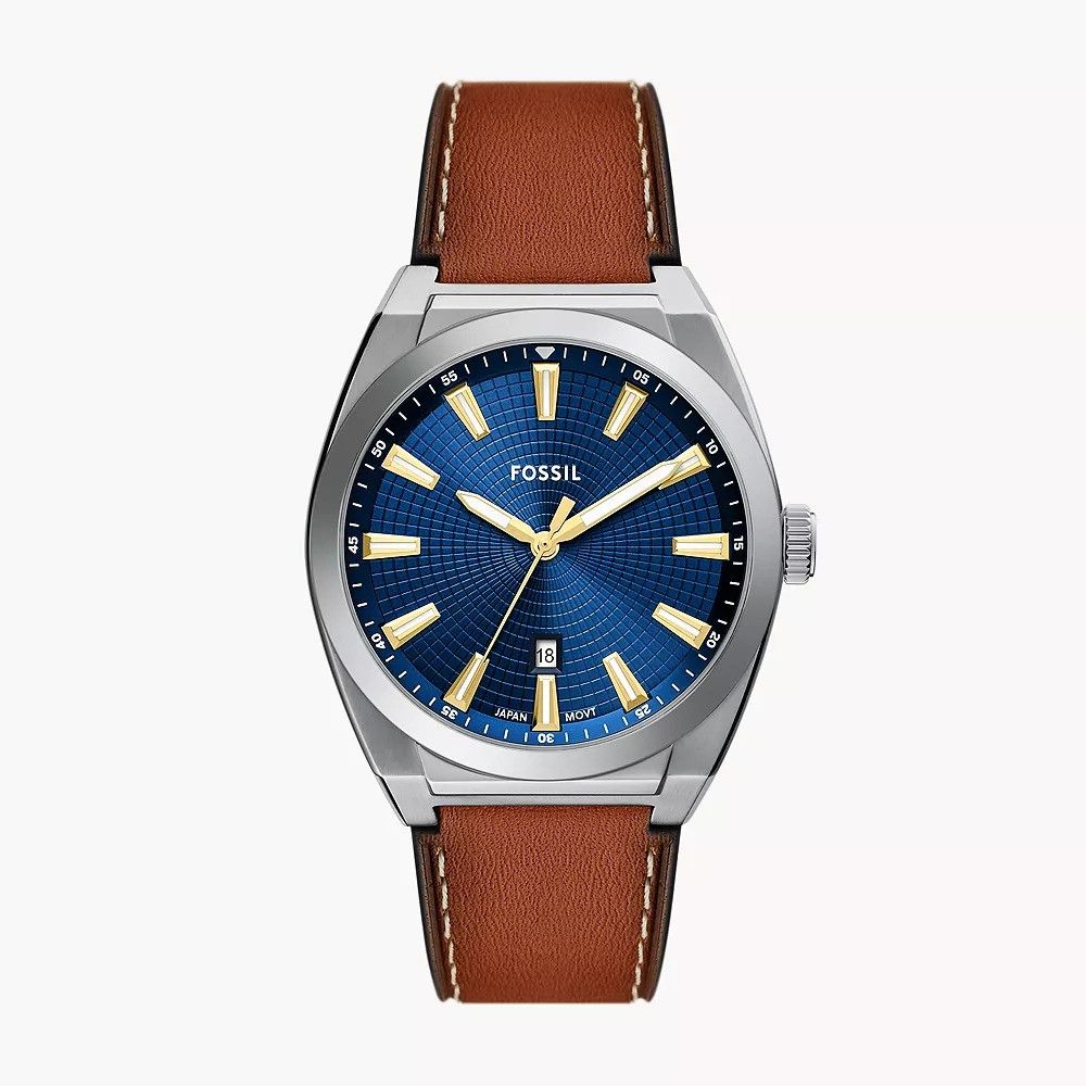 Fossil - Montre Everett Homme Bracelet Cuir Marron Cadran Bleu