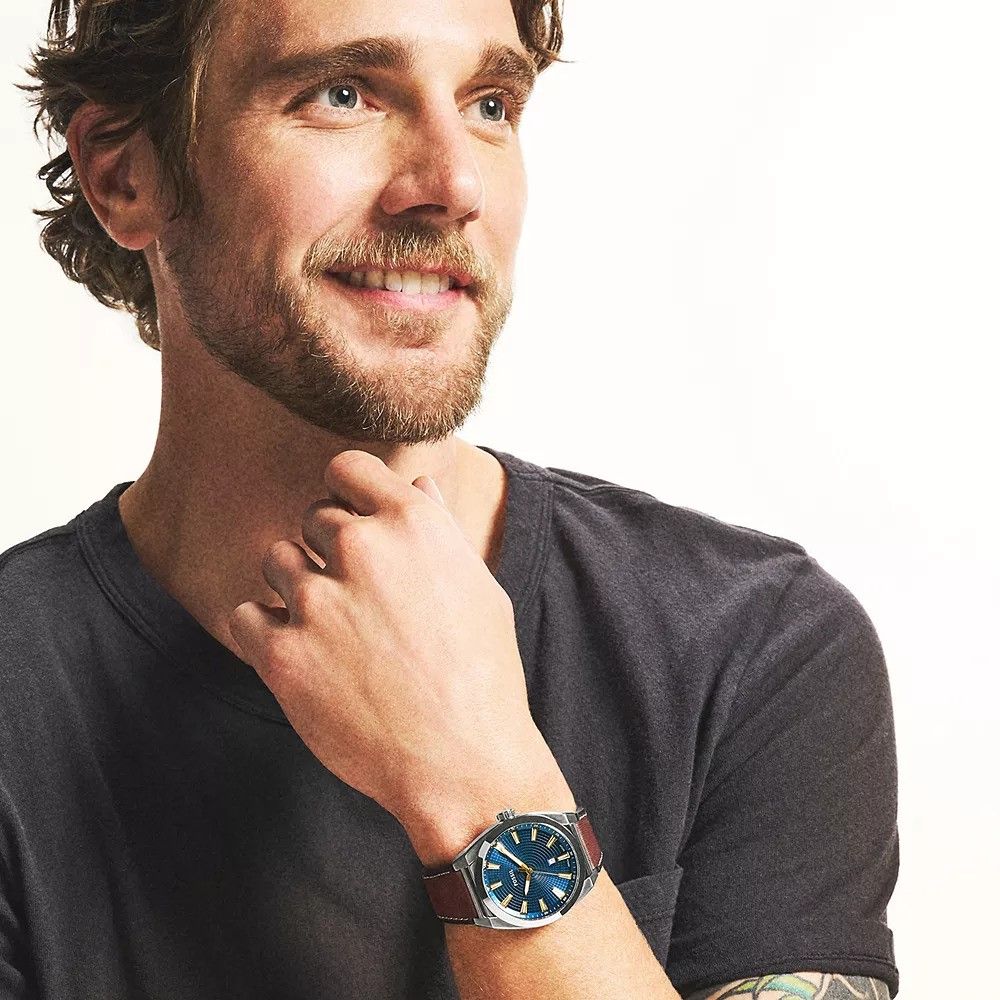Fossil - Montre Everett Homme Bracelet Cuir Marron Cadran Bleu 2