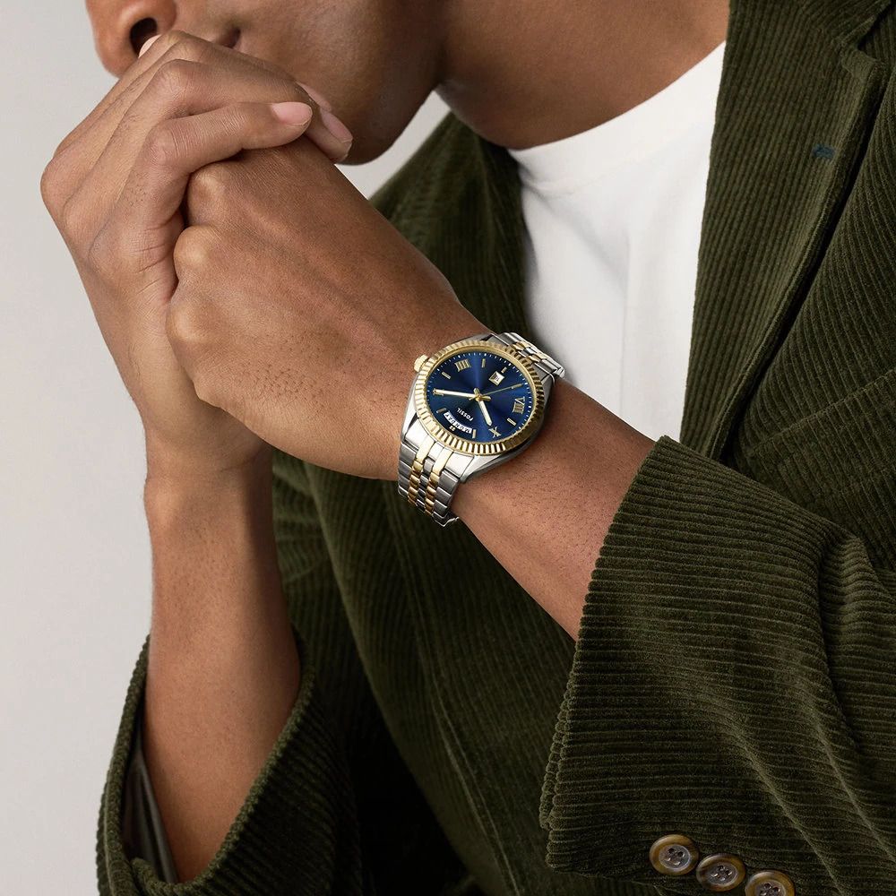 Fossil - Montre Campbell Homme Bracelet Acier Bicolore Argenté Et Doré Cadran Bleu 2