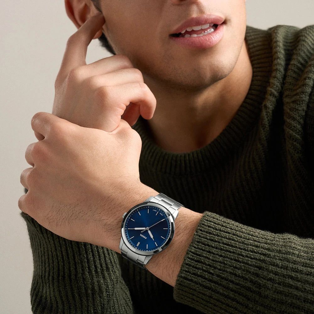 Fossil - Montre Minimalist Homme Bracelet Acier Argenté Cadran Bleu 2