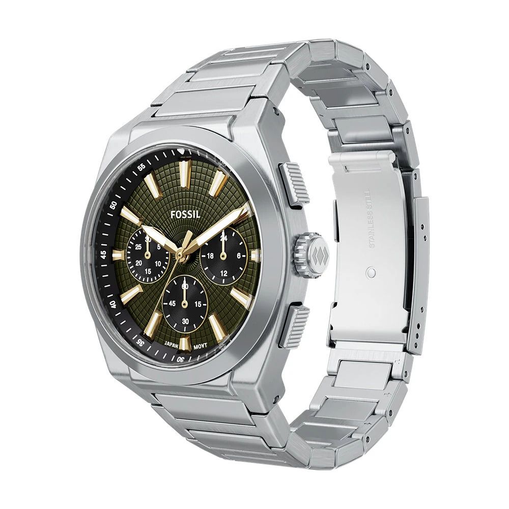 Fossil - Montre Everett Chronographe Homme Bracelet Acier Argenté Cadran Vert 3