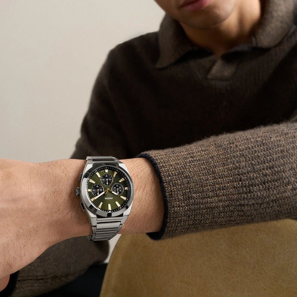 Fossil - Montre Everett Chronographe Homme Bracelet Acier Argenté Cadran Vert 2
