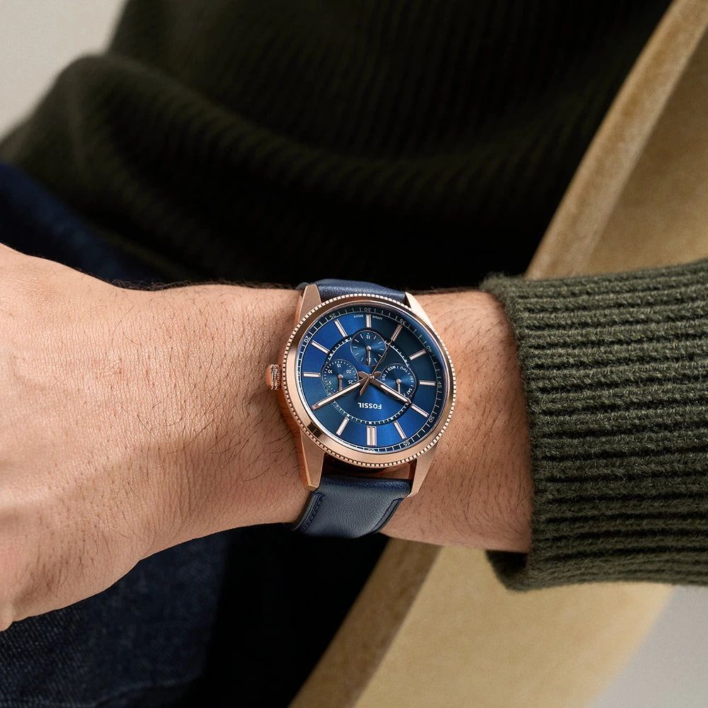 Fossil - Montre Pearson Multifonction Homme Bracelet Cuir Bleu Cadran Bleu 2