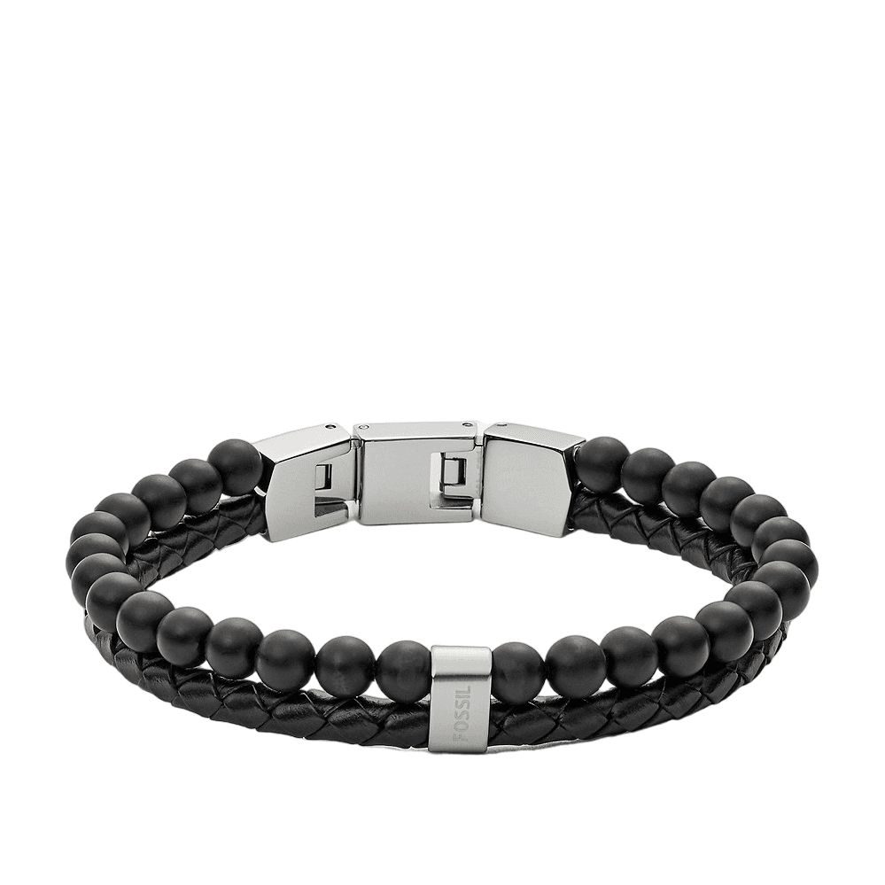 Fossil - Bracelet En Cuir Et Perles Homme Noir