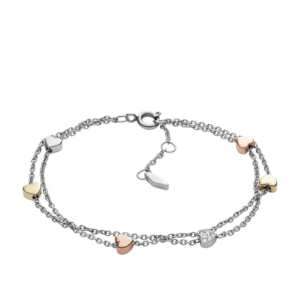 Fossil - Bracelet Double Chaîne Cœurs Femme Tricolore Argenté Doré Et Doré Rose