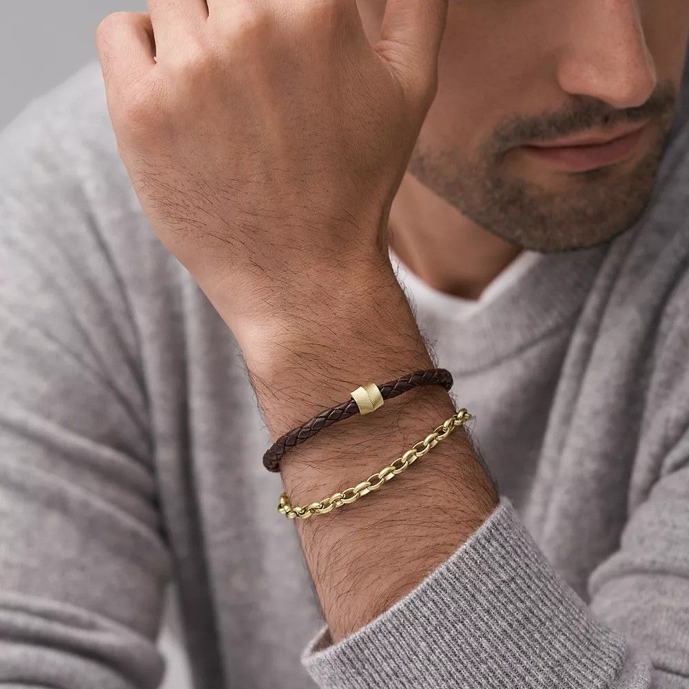 Fossil - Bracelet En Cuir Homme Marron Et Doré 3