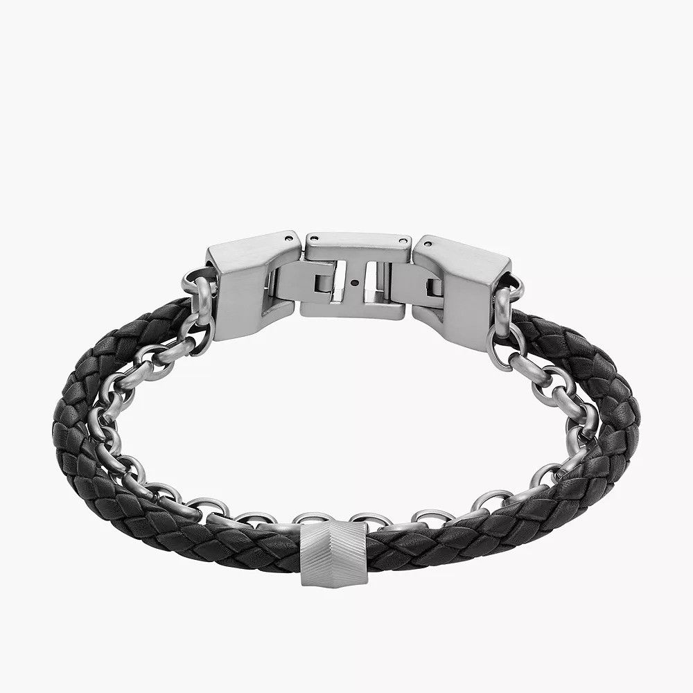 Fossil - Bracelet En Cuir Homme Noir Et Argenté