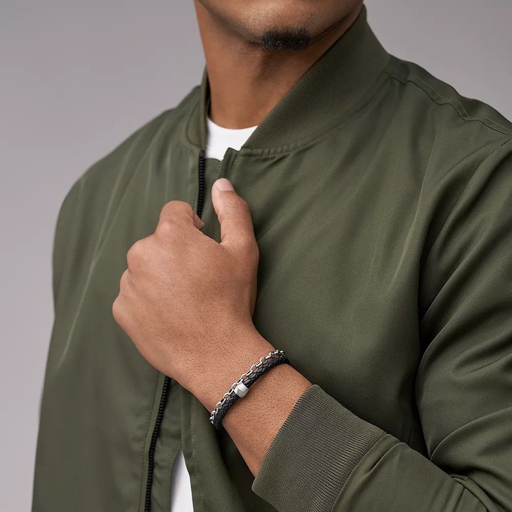 Fossil - Bracelet En Cuir Homme Noir Et Argenté 3