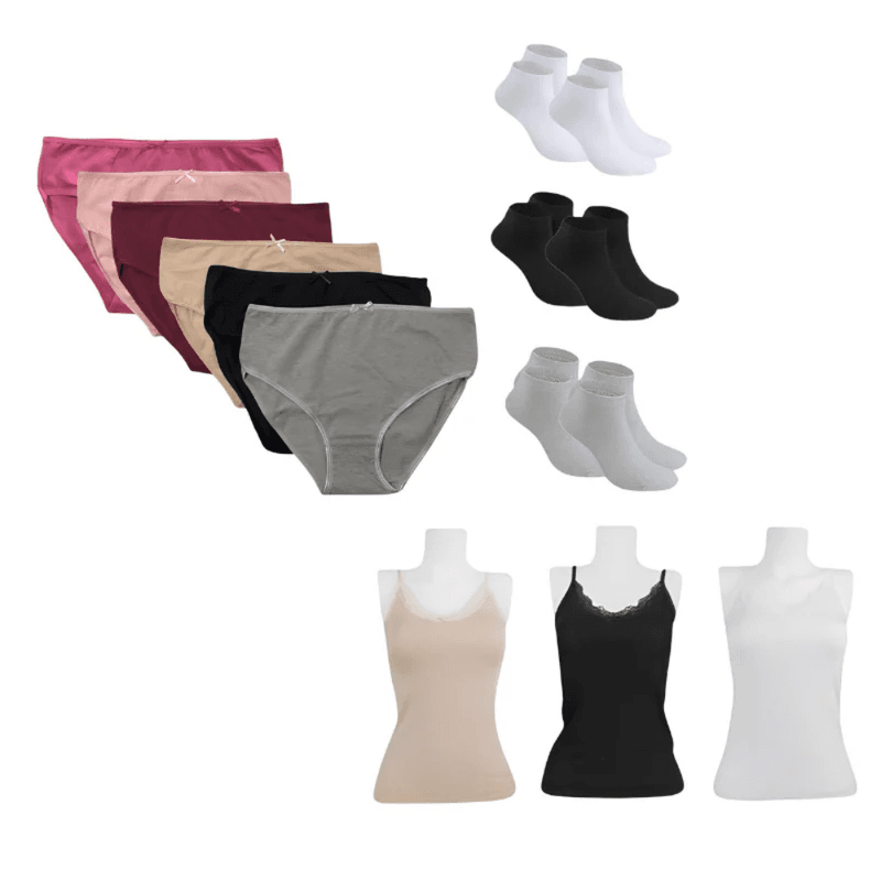 R&H - pack 3en1 femme 3 debardeurs dentelle + 6 slips coton + 6 chzussettes demi - Multicolors