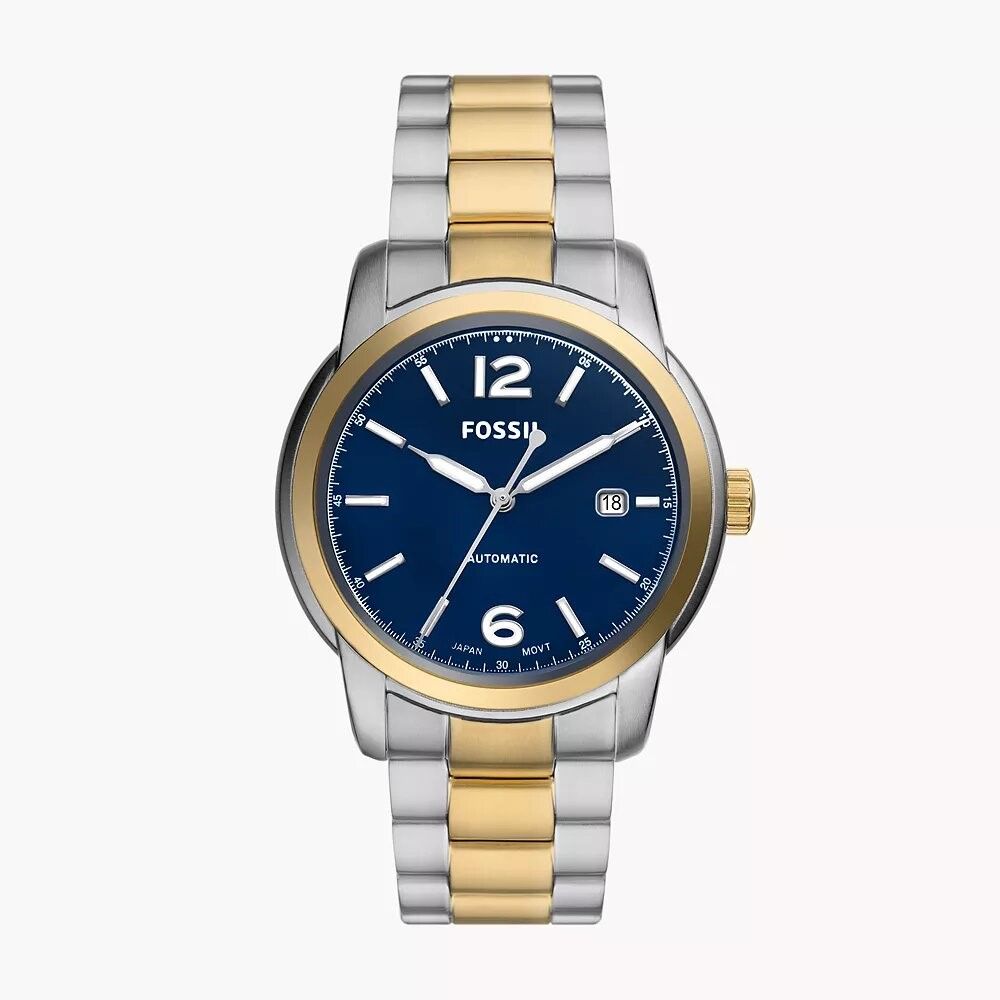 Fossil - Montre Heritage Automatique Homme Bracelet Acier Bicolore Argenté Et Doré Cadran Bleu