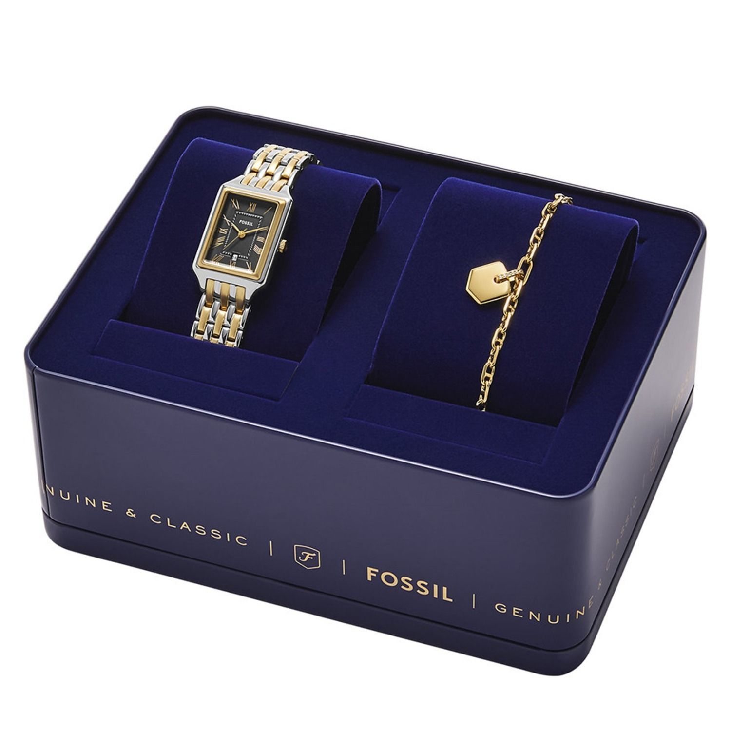 Fossil - Coffret Montre Raquel Femme Bracelet Acier Bicolore Argenté Et Doré Cadran Gris 5