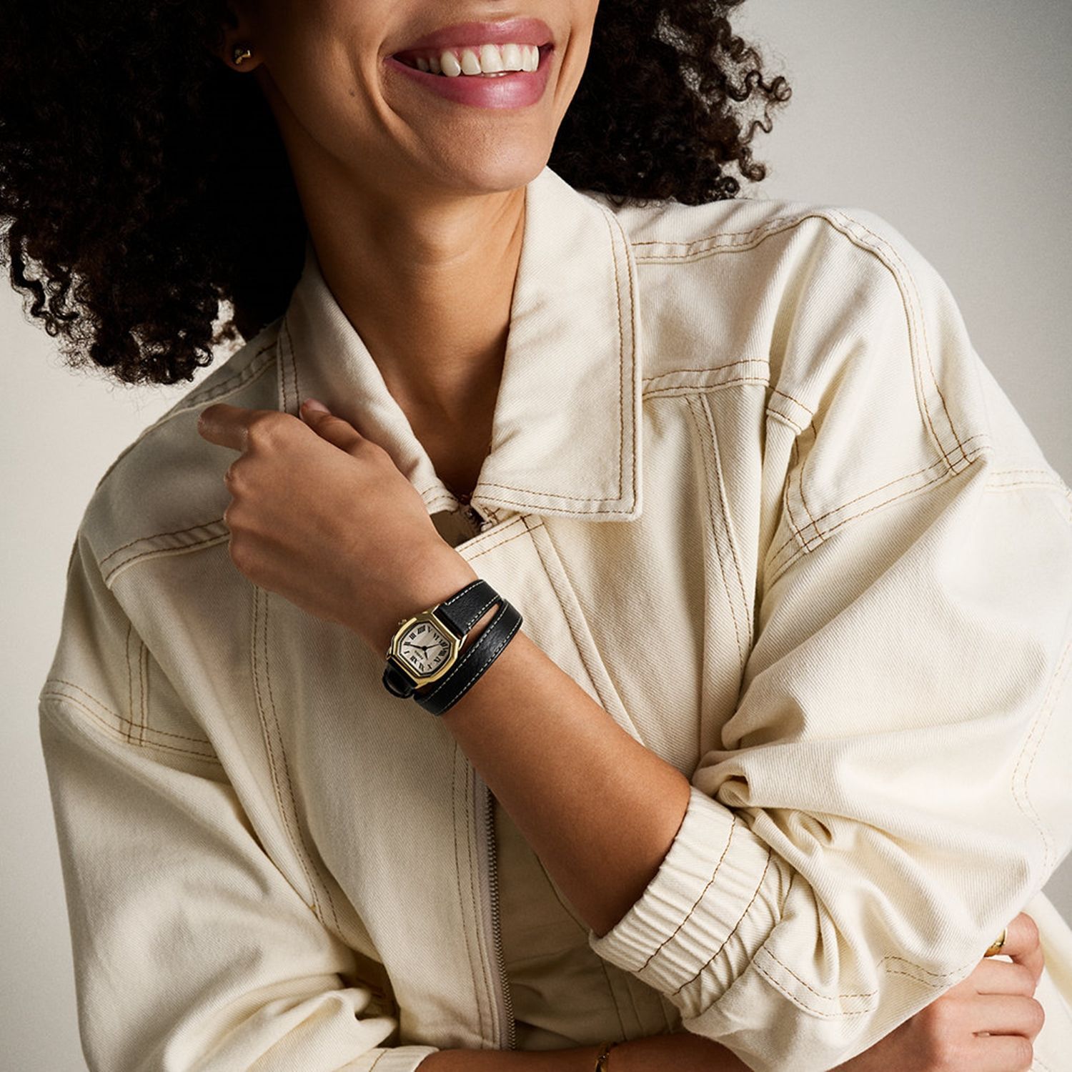 Fossil - Montre Harlow Femme Bracelet Cuir Noir Cadran Crème 2