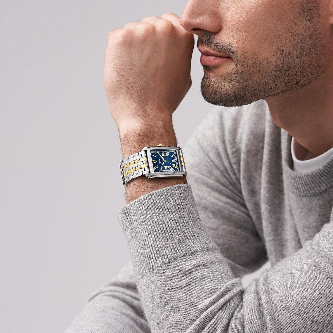 Fossil - Montre Carraway Homme Bracelet Acier Bicolore Argenté Et Doré Cadran Bleu 2