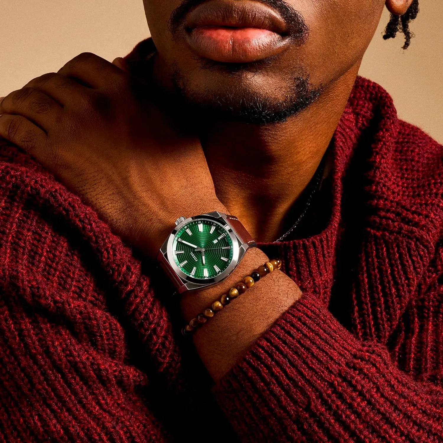 Fossil - Coffret Montre Machine Homme Bracelet Cuir Marron Cadran Vert 2