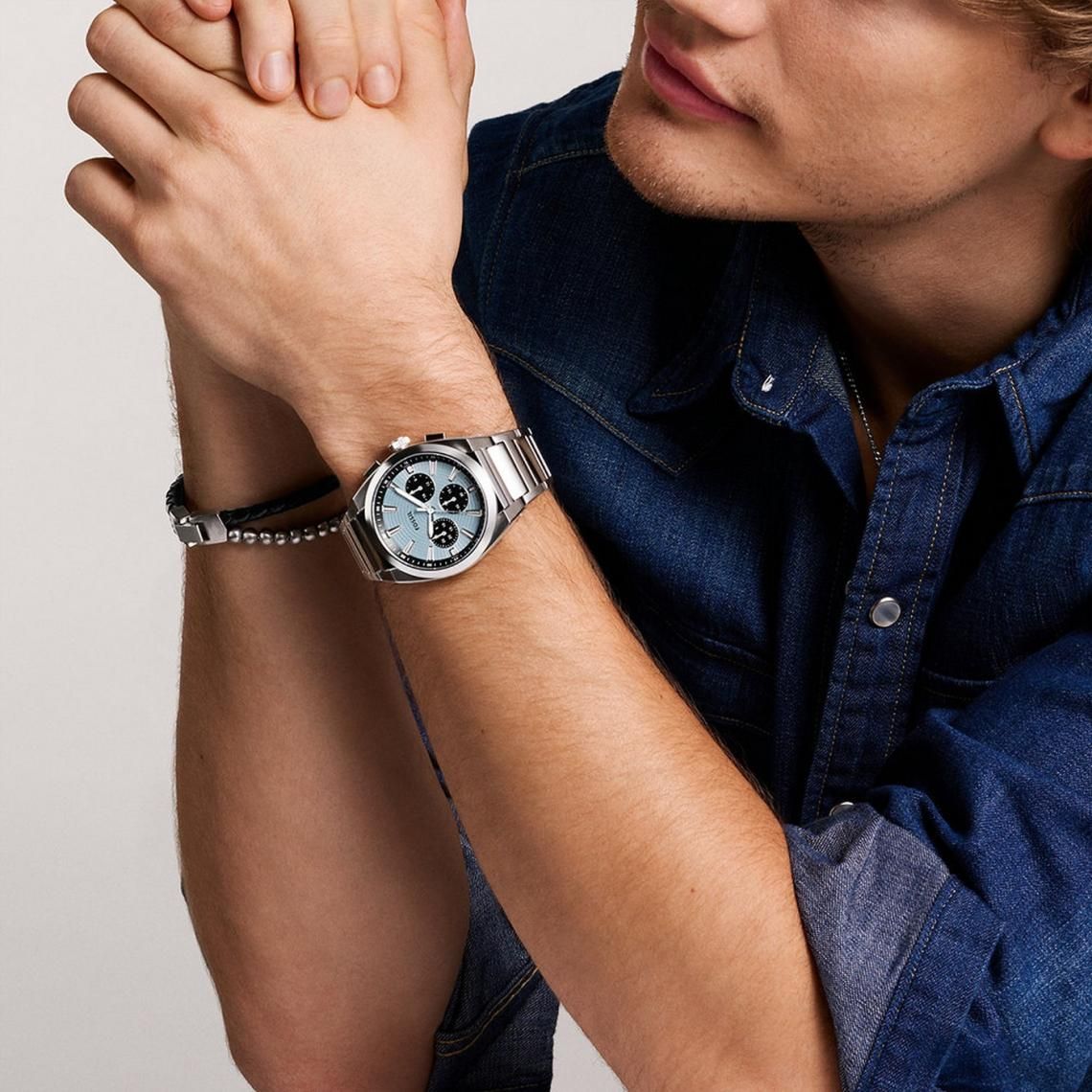 Fossil - Montre Everett Chronographe Homme Bracelet Acier Argenté Cadran Bleu Ciel 2