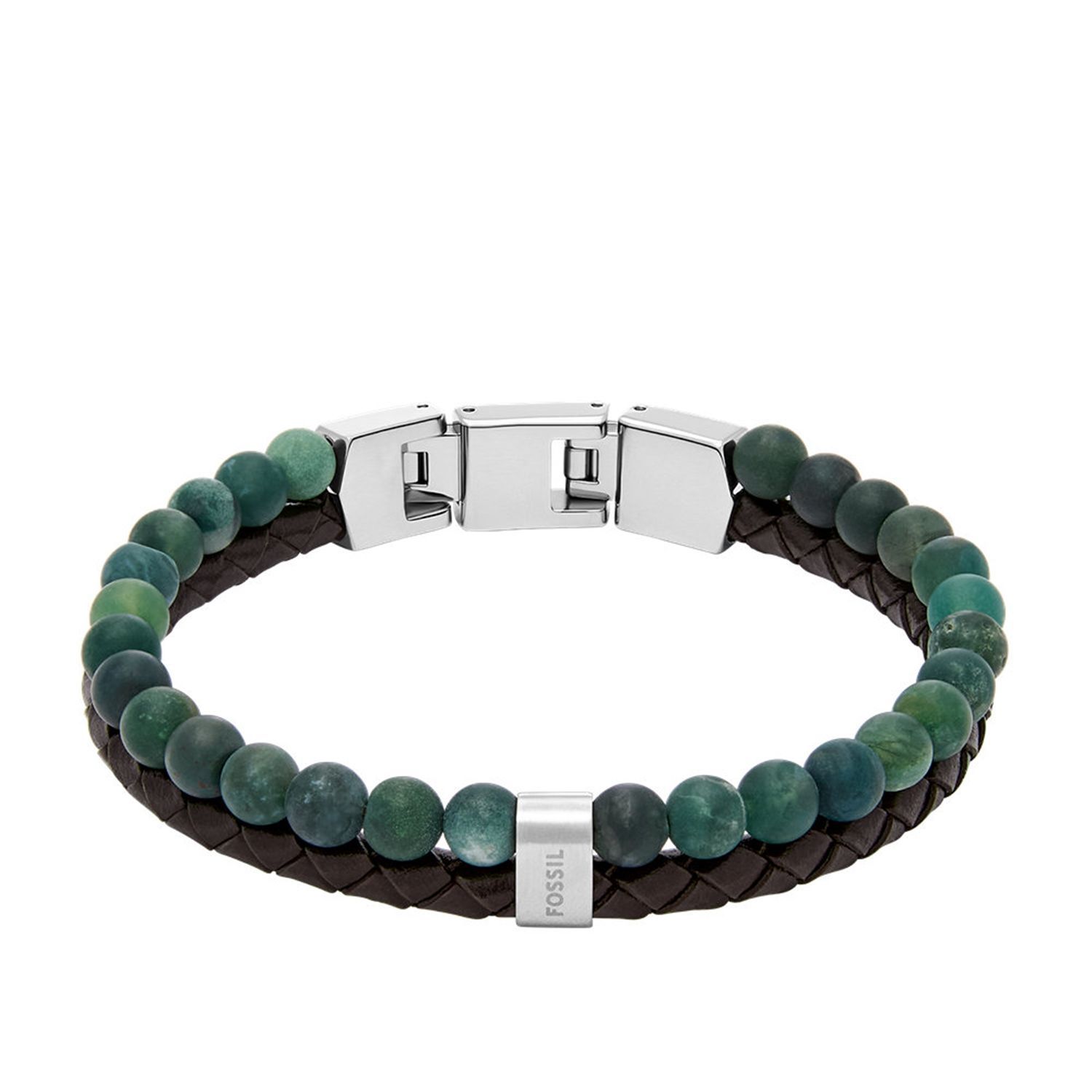 Fossil - Bracelet En Perles Et Cuir Homme Marron Vert Et Argenté