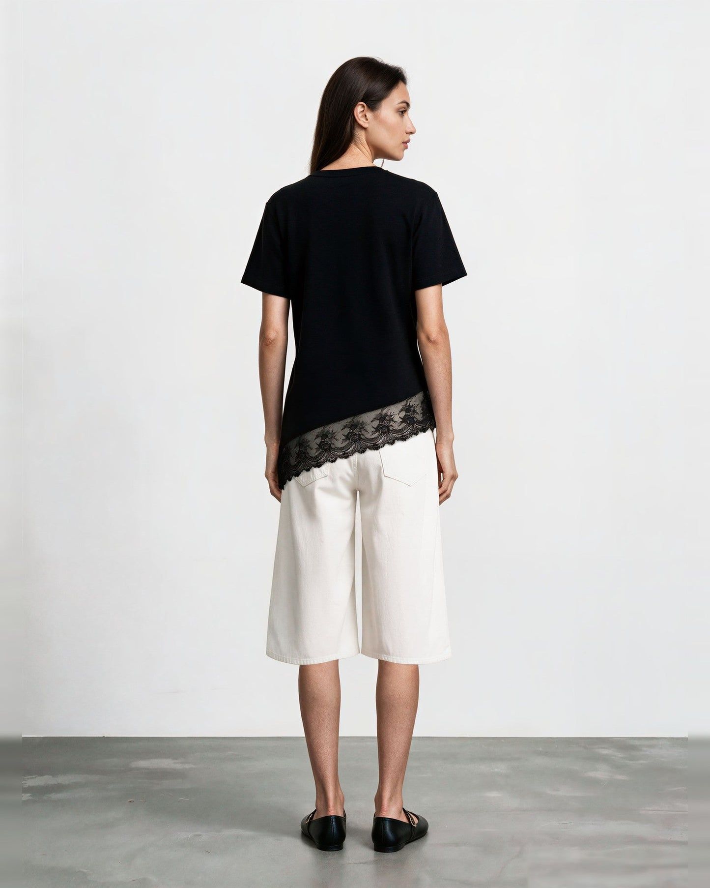 Kontakt - T-shirt asymétrique femme avec dentelle manches courtes - Noir 2
