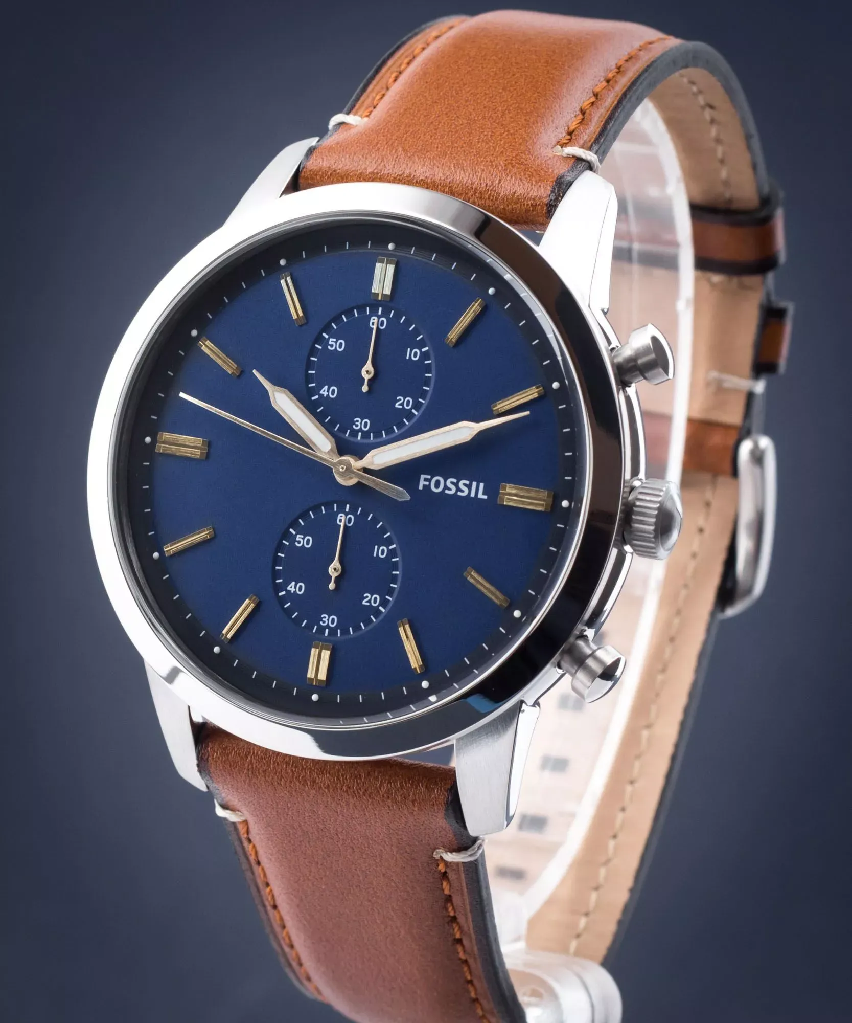 Fossil - Montre Homme Townsman En Cuir Marron Cadron Bleu FS5279 6