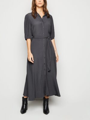 robe chemise mi longue grise %C3%A0 ceinture et %C3%A0 manches bouffantes scaled