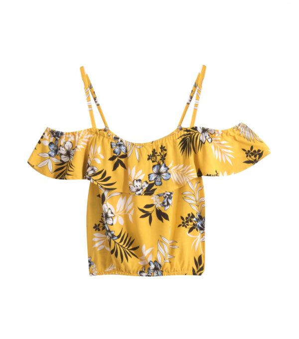 girls yellow tropical floral frill cold shoulder top 1 scaled