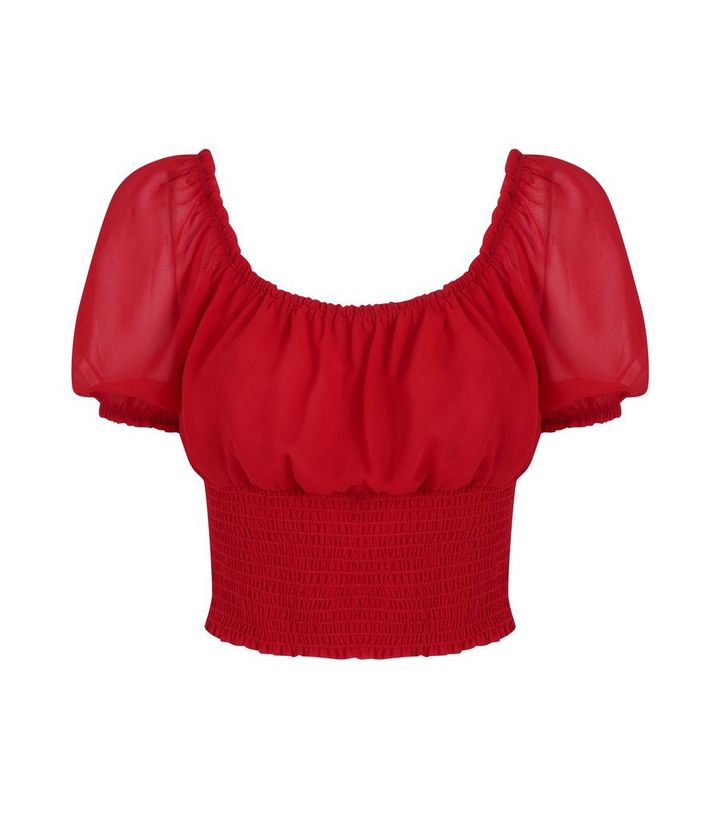 Red Shirred Puff Sleeve Top - Drest