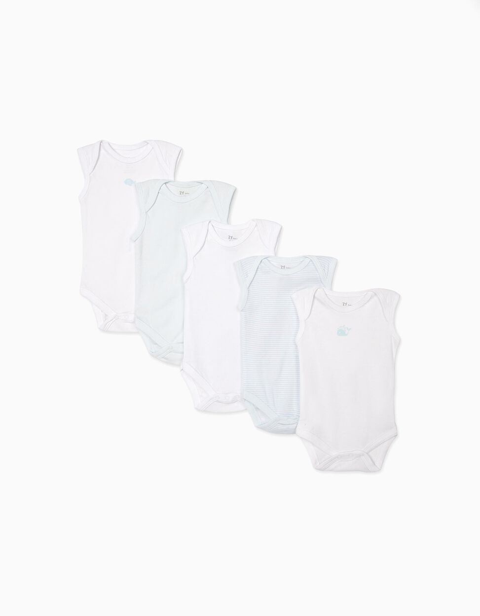 Zippy - 5-PACK SLEEVELESS BODYSUITS FOR BABY BOYS 'FISH', WHITE AND BLUE