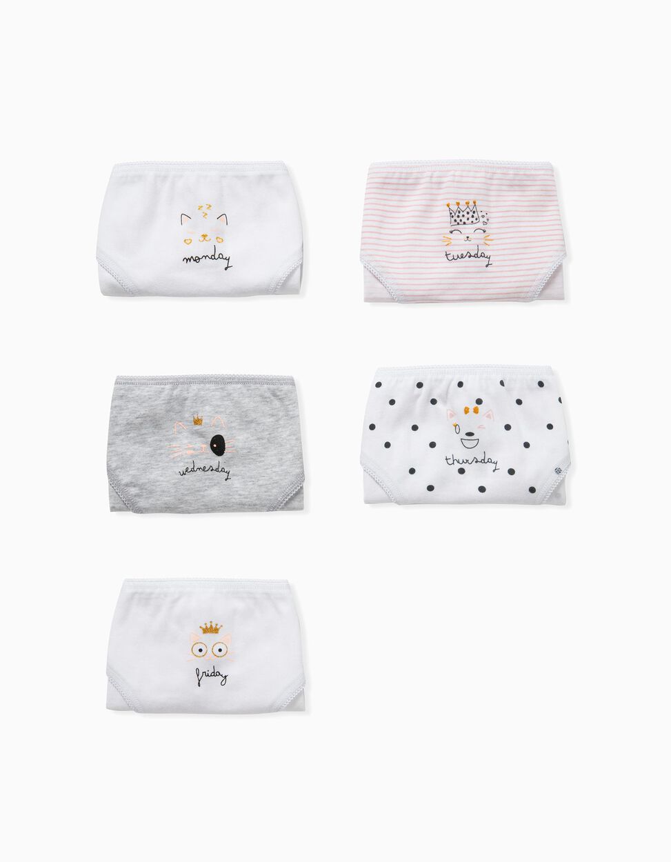 Zippy - 5 BRIEFS FOR GIRLS 'CATS & WEEK DAYS', PINK/WHITE/GREY