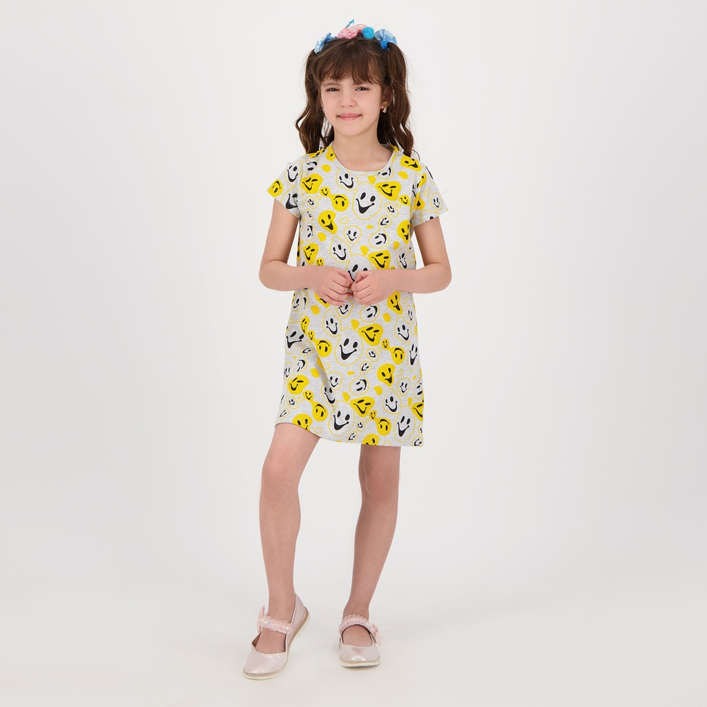 KONTAKT – Robe de pyjama pour fille imprimé smiley – Gris Jaune